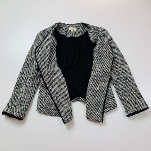 Ann Taylor LOFT Jacket BlazerTweed Black White Fringe Double Breast Knit Cardiga - Picture 2 of 8